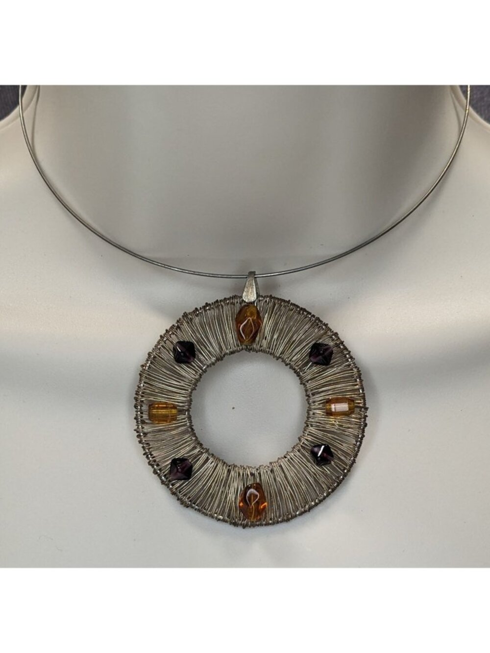 Brutalist Vintage Handmade Wire Wrapped Beaded Statement Pendant Necklace